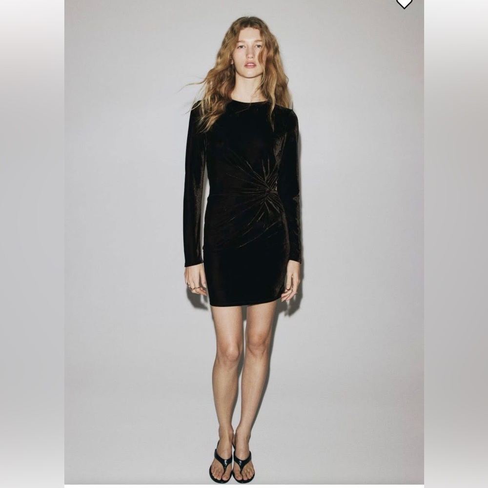 H&M Black Velvet Long-Sleeve Twist-Waist Mini Dress
